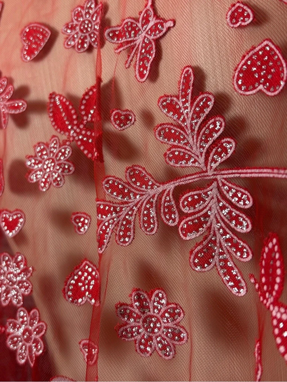 Red Embroidered Fringe Shawl / Scarf Wrap